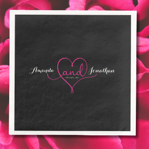 Elegant Script Black with Pink Heart Wedding  Napkin