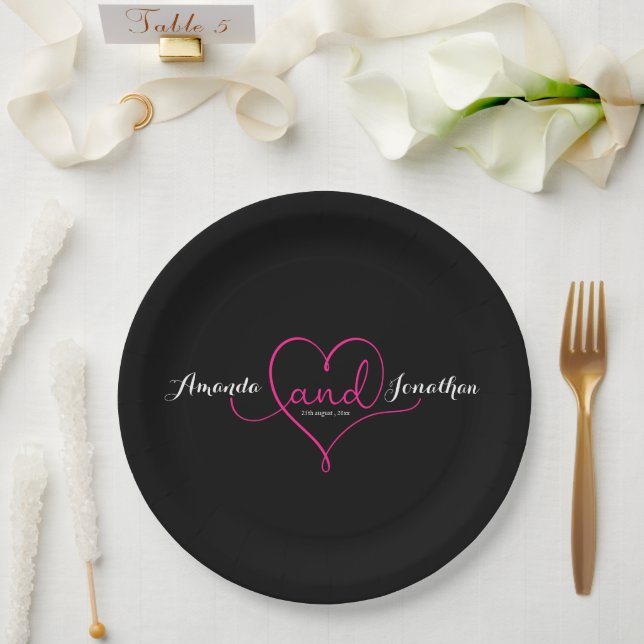 Elegant Script Black with Pink Heart Wedding  Paper Plate (Wedding)
