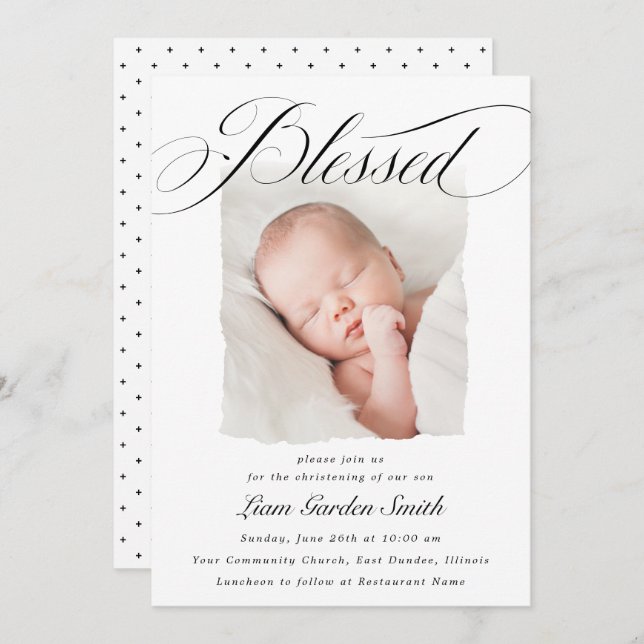 Elegant Script Blessed Christening Baptism Photo I Invitation (Front/Back)
