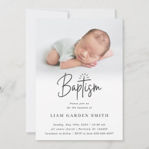 Elegant Script Blessed Christening Baptism Photo   Invitation