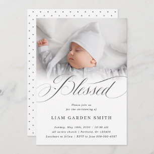 Elegant Script Blessed Christening Baptism Photo Invitation