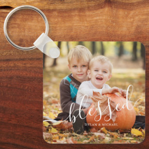 Elegant Script "Blessed" Custom Photo Key Ring