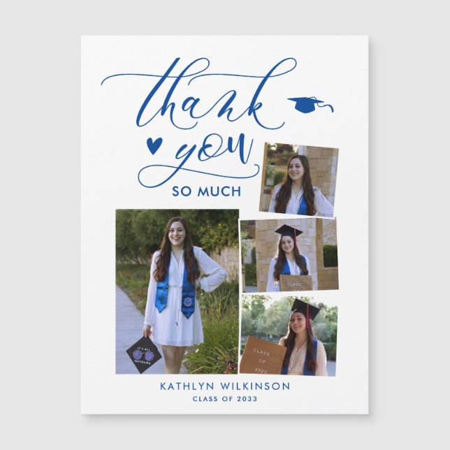 Elegant Script Blue 4 Photo Graduation Thank You (Front)