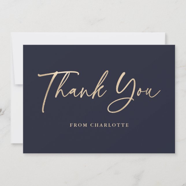 Elegant Script Blue and Gold Thank You Card (Front)