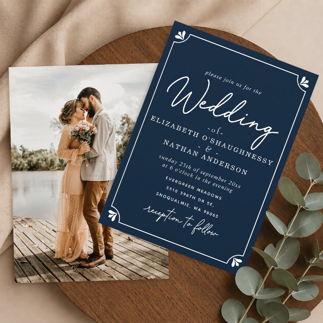 Elegant Script Blue and White Photo Wedding Invitation (Creator Uploaded)