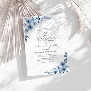 elegant script blue floral wedding invitation