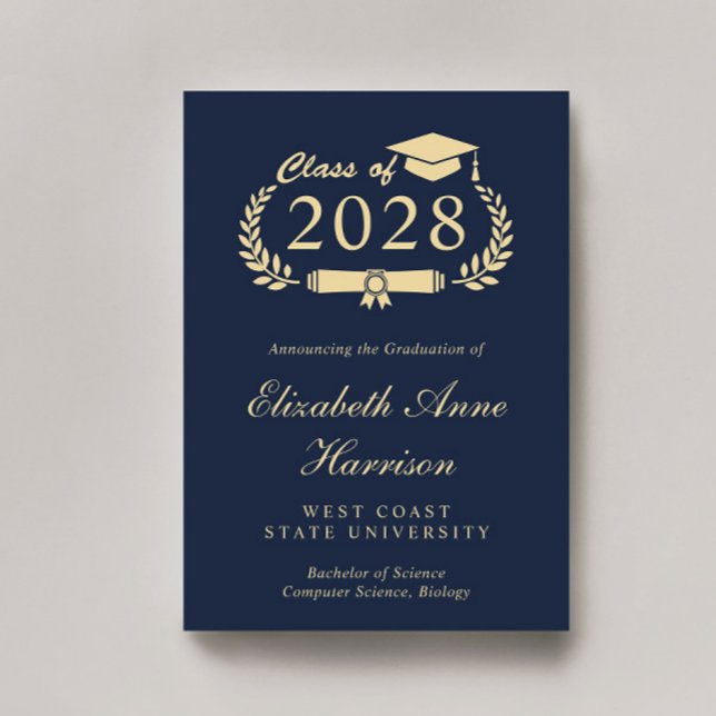 Elegant Script Blue Gold College Graduation Announcement (Share the pride and excitement of your graduate's achievement with friends and family near and far)