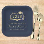 Elegant Script Blue Gold Graduation Paper Plate<br><div class="desc">Elegant dark blue graduation party paper plates featuring "Class of" in a light gold illustration of laurel wreath incorporating a grad cap and diploma,  the graduate's name in a stylish light gold script,  and "Congratulations" and their school name in modern light gold typography.</div>