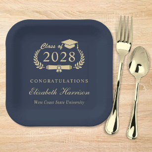 Elegant Script Blue Gold Graduation Paper Plate