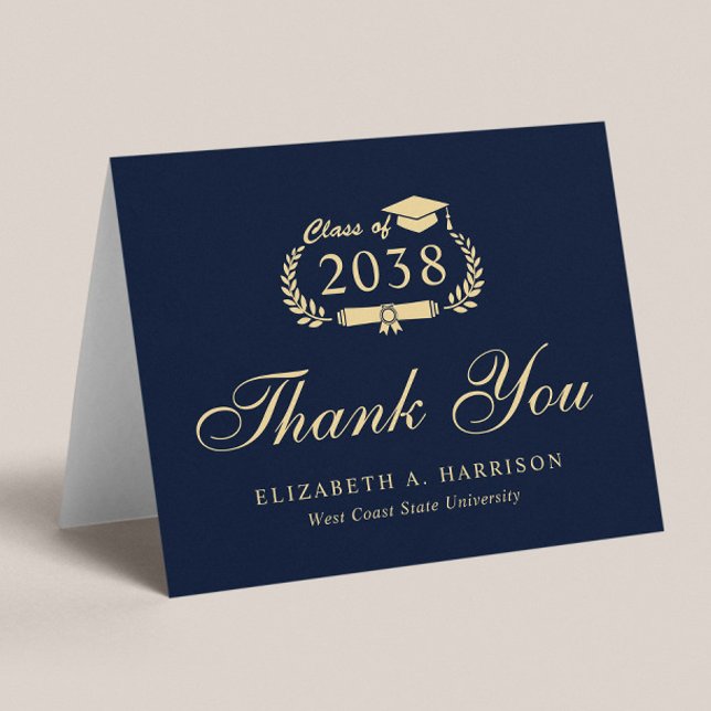 Elegant Script Blue Gold Graduation Thank You Card (An elegant photo graduation thank you card to show gratitude to friends and family for their support)