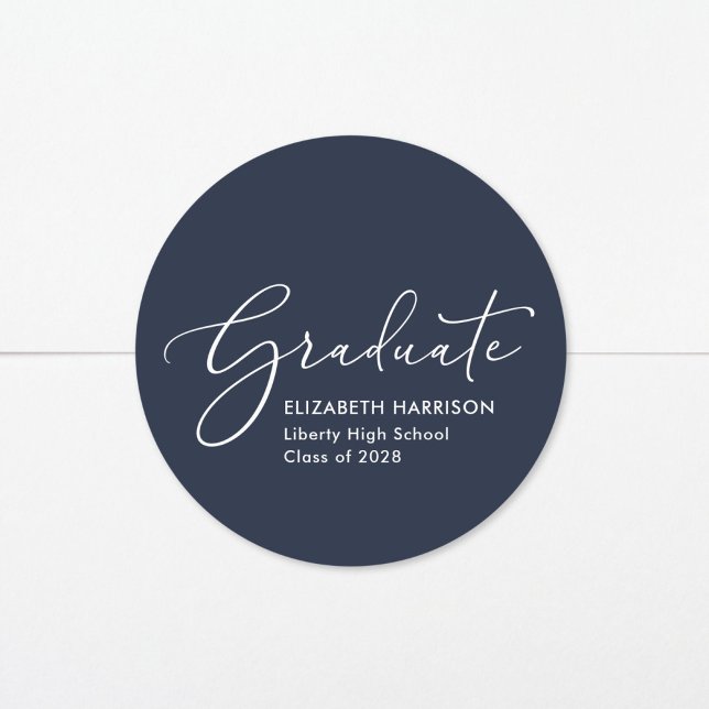 Elegant Script Blue Graduation Classic Round Sticker (Creator Uploaded)