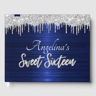 Elegant Script Blue Metallic Silver Glitter Guest  Book