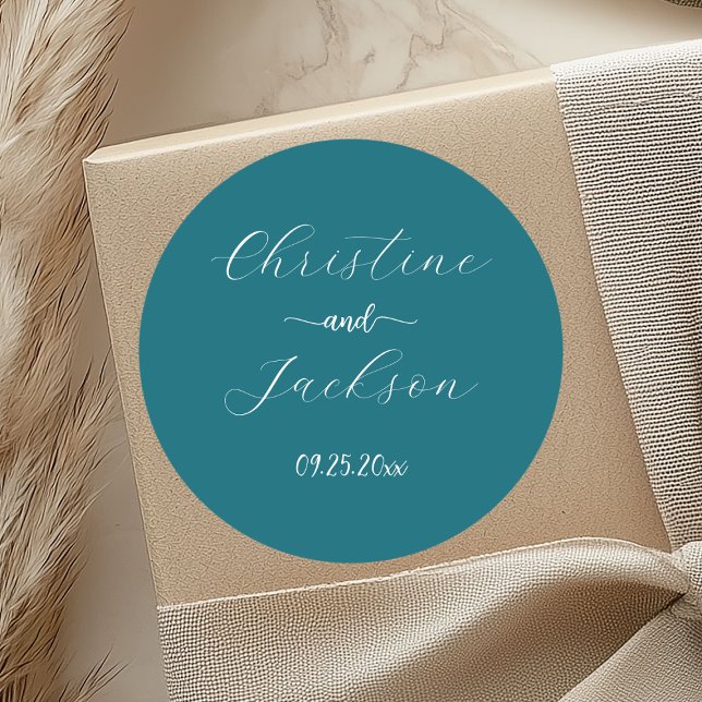 Elegant Script Blue Teal Wedding Classic Round Sticker (Creator Uploaded)