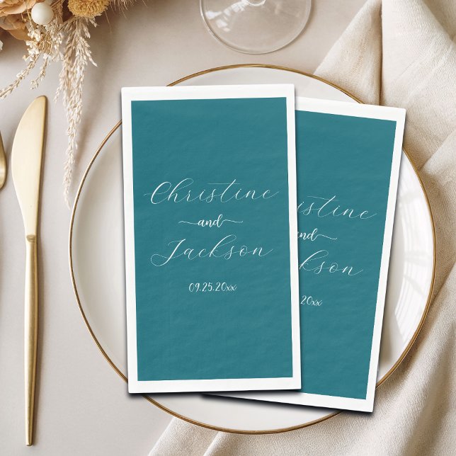 Elegant Script Blue Teal Wedding Napkin (Creator Uploaded)