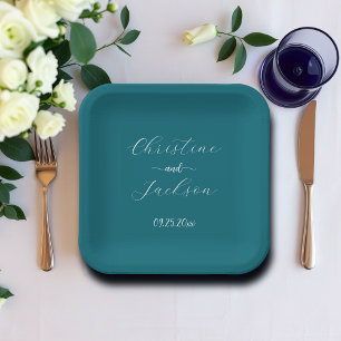 Elegant Script Blue Teal Wedding Paper Plate
