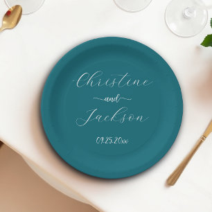 Elegant Script Blue Teal Wedding Paper Plate