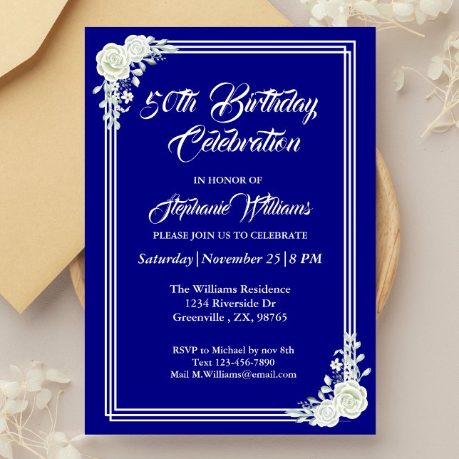 Elegant Script Blue White Rose 50th Birthday Invitation (Creator Uploaded)
