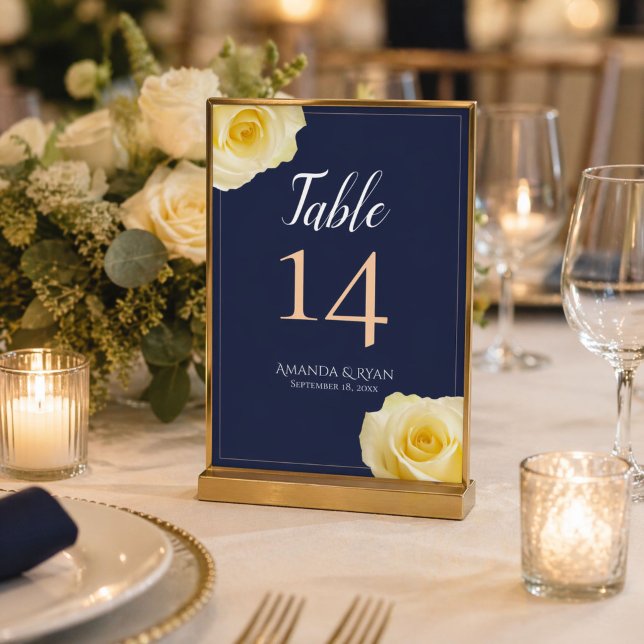 Elegant Script Blue Yellow Rose Floral Wedding Table Number (Creator Uploaded)
