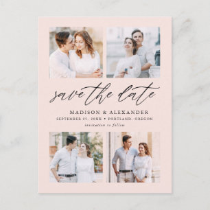 Elegant Script Blush 4 Photo Collage Save The Date Announcement Postcard