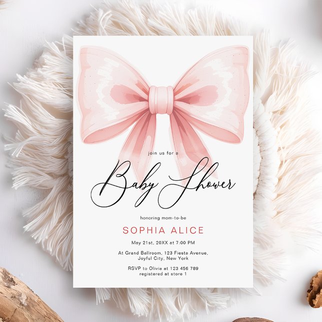 Elegant Script Blush Pink Coquette Bow Baby Shower Invitation (Creator Uploaded)