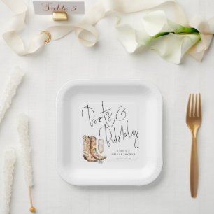 Elegant Script Boots and Bubbly Bridal Shower Paper Plate