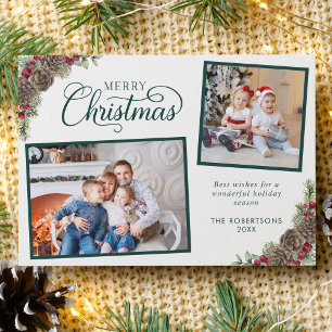 Elegant Script Botanical 2 Photo Christmas Green Holiday Card