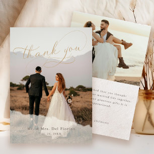 Elegant Script Botanical 2-Photo Overlay Wedding Thank You Card