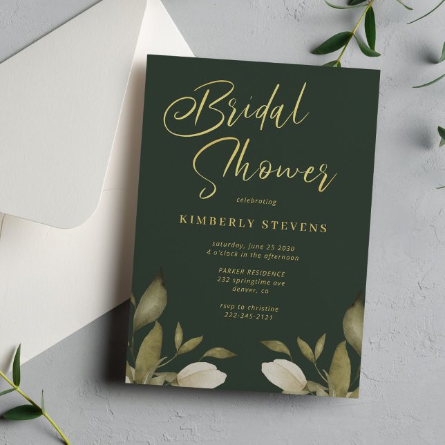 Elegant script botanical gold green bridal shower invitation (Creator Uploaded)
