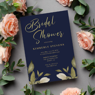 Elegant script botanical gold navy bridal shower invitation