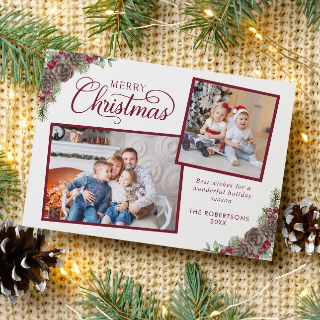 Elegant Script Botanical Merry Christmas 2 Photo  Holiday Card (Creator Uploaded)