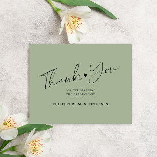 Elegant script bridal shower sage green thank you card