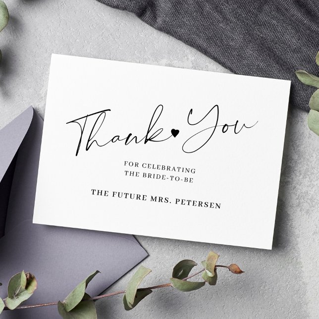 Elegant script bridal shower white black thank you card (Creator Uploaded)