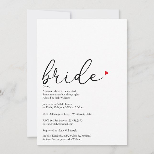 Elegant Script Bride Definition Bridal Shower Invitation (Front)