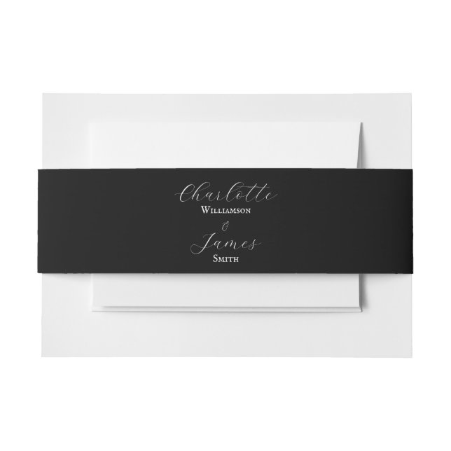 Elegant Script Bride & Groom Name Black Wedding Invitation Belly Band (Front Example)