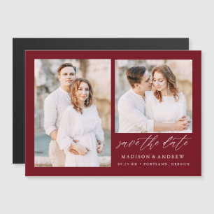 Elegant Script Burgundy 2 Photo Save the Date Magnetic Invitation