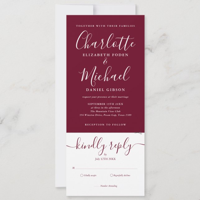 Elegant Script Burgundy All In One Wedding Invitation (Front)