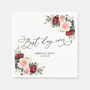 Elegant Script Burgundy Blush Floral Greenery Napkin
