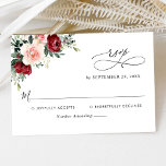 Elegant Script Burgundy Blush Floral Wedding RSVP Card<br><div class="desc">Designed to coordinate with our Romantic Blooms wedding collection,  this customisable RSVP card,  features watercolor burgundy and blush florals with greenery leaves and calligraphy script graphic text,  paired with a classy serif & modern sans font in black. Matching items available.</div>