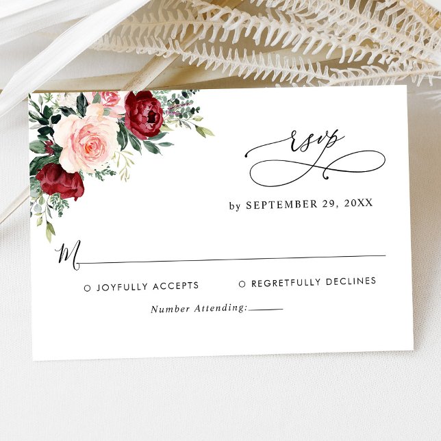 Elegant Script Burgundy Blush Floral Wedding RSVP Card (Creator Uploaded)