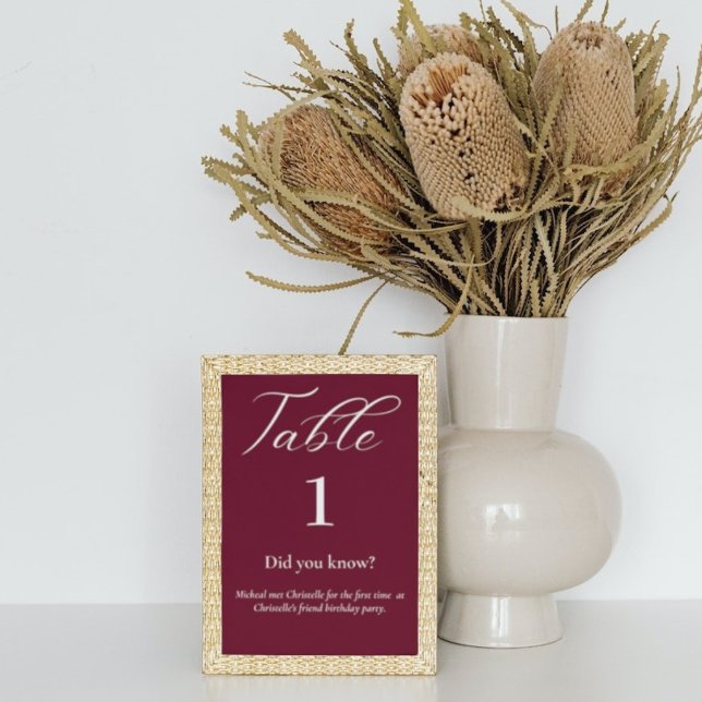 Elegant script  Burgundy facts wedding Table Number (Creator Uploaded)