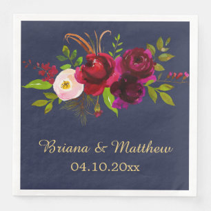 Elegant Script Burgundy Floral Navy Blue Dinner Napkin