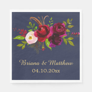 Elegant Script Burgundy Floral Navy Blue Napkin