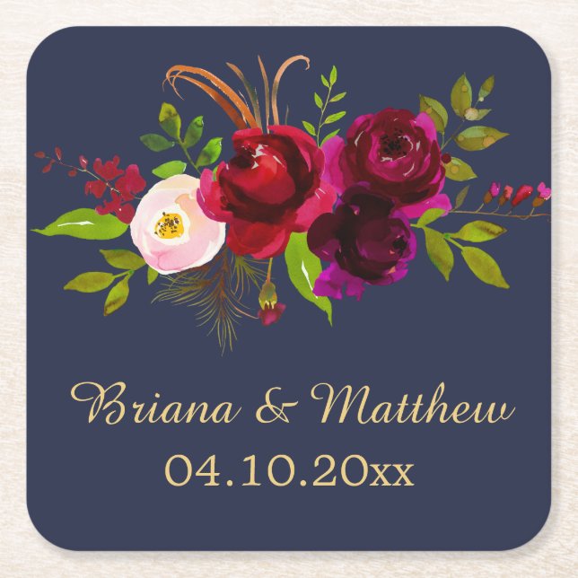 Elegant Script Burgundy Floral on Navy Blue Square Paper Coaster (Front)
