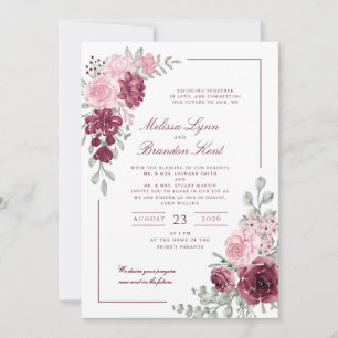 Elegant Script Burgundy Floral Watercolor Wedding Invitation