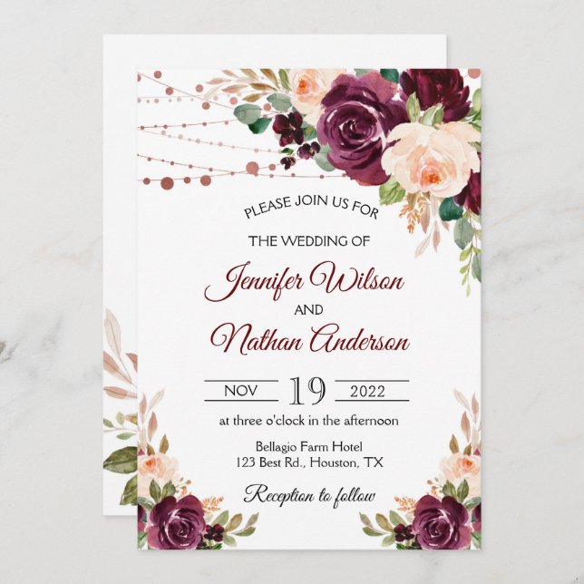 Elegant Script Burgundy Floral Wedding Invitation (Front/Back)
