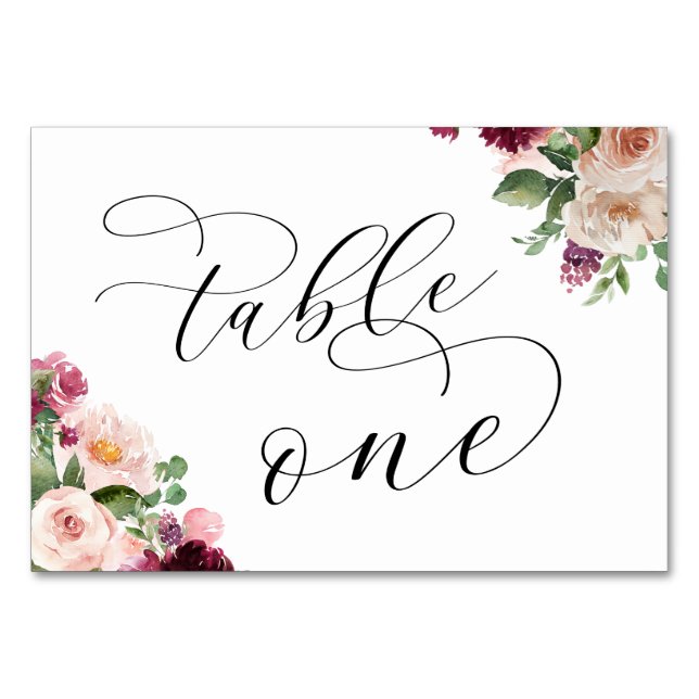 Elegant Script Burgundy Floral Wedding Reception 1 Table Number (Front)