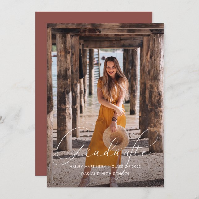 Elegant Script Burgundy Photo Graduation Party Invitation (Front/Back)