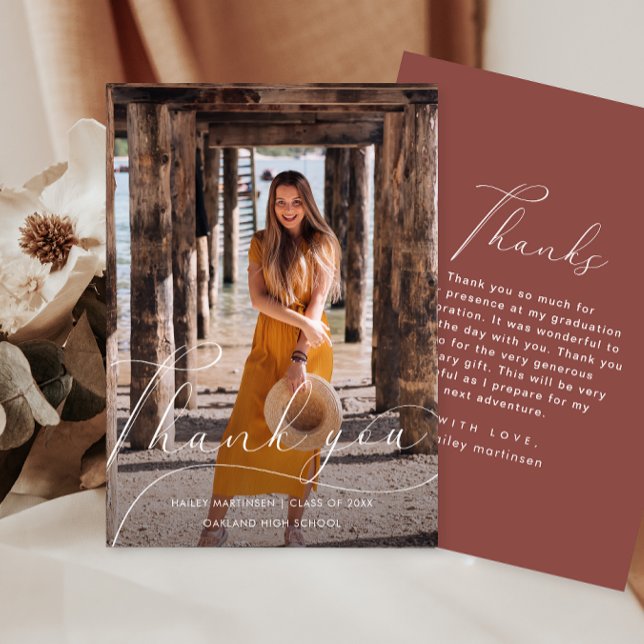 Elegant Script Burgundy Photo Graduation Thank you Invitation (Creator Uploaded)