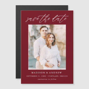 Elegant Script Burgundy Photo Save the Date Magnetic Invitation