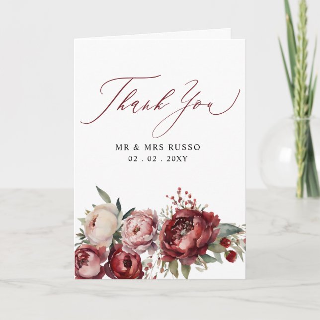 Elegant Script Burgundy Pink Blush Floral Photo Thank You Card (Front)